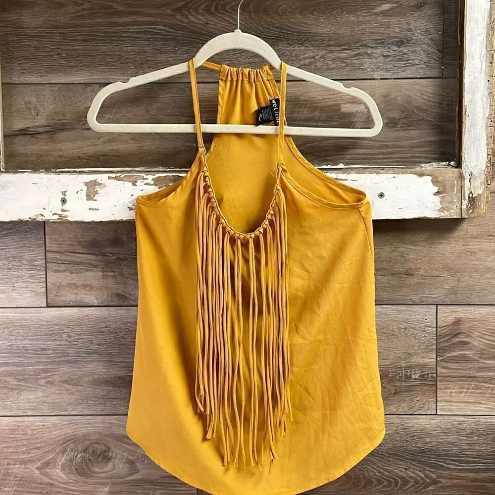 WET SEAL Ladies Razor Back Fringed Y2K Cami Top Size XS Mustar